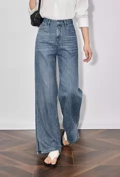 TOYOUTH Jeans de mezclilla para mujer 2025 primavera hechos a mano nuevos pantalones largos de pierna ancha rectos lavados azul claro - comprar en línea