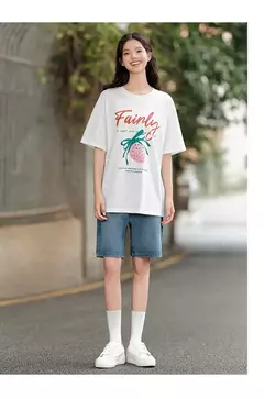 Semir-Camiseta de manga corta para mujer, Top de longitud media con hombros caídos, holgado e informal, con estampado de frutas y letras, novedad de verano 2024 en internet