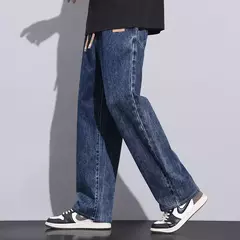 Image of Pantalones vaqueros elásticos de cintura elástica para hombre, ropa de calle suelta, longitud completa, pantalones vaqueros rectos de pierna ancha con cordón, azul oscuro