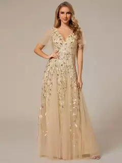 Vestido de noche elegante con escote en V profundo, mangas con volantes y mangas cortas, vestido de dama de honor con lentejuelas de gasa azul cielo 2025 en internet