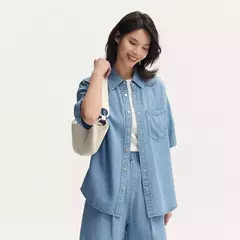 Semir-Camisa vaquera de manga corta para mujer, blusa informal holgada de longitud media con hombros caídos, suave, para verano, 2024 - Eleganzie