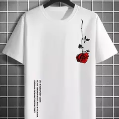Image of Camiseta de manga corta con cuello redondo ajustada informal con estampado de rosas 100% algodón de talla grande de verano para hombre