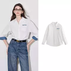 TOYOUTH informal-Blusa de manga larga para mujer, camisa con cuello vuelto, diseño de bolsillo, Color contrastante, otoño, 2024 - Eleganzie