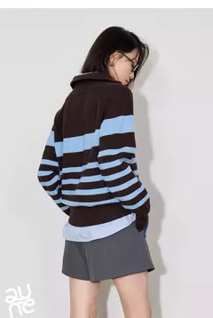 TOYOUTH-suéter de punto para mujer, suéter con capucha y cuello tipo Polo con cremallera a rayas, otoño e invierno, 2024 - comprar en línea