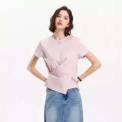 Semir-Camiseta de manga corta para mujer, diseño recortado, dobladillo dividido, Top de algodón de verano, ajuste relajado para estilo informal y elegante, 2025 - Eleganzie