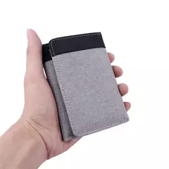 Imagen de Cartera de lona para hombre, tarjeteros de identificación/foto, tarjetero negro/azul/gris, funda tipo billetera con 8 ranuras, monedero masculino con cerrojo, Mini billetera triple para hombre