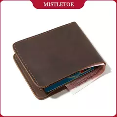 Cartera de cuero genuino de vaca para hombre, monedero pequeño plegable Horizontal hecho a mano, diseño Simple, 100%