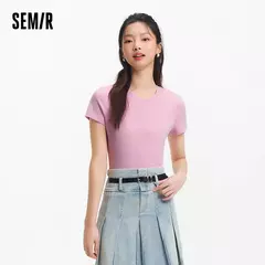 Semir-Camiseta de manga corta para mujer, Top recortado bordado ajustado informal, Top básico con cuello redondo y hombros descubiertos, novedad de verano 2025 - buy online