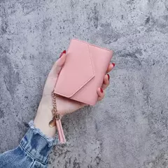 Imagen de Carteras cortas de moda para mujer, billetera de cuero PU con borlas de lujo, billetera pequeña con cerrojo, monedero de tendencia, tarjetero para mujer