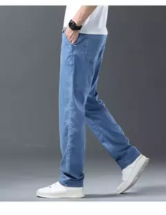 Image of Pantalones vaqueros Lyocell de seda de hielo para hombre, pantalones vaqueros rectos holgados ultrafinos de verano, pantalones suaves y cómodos de marca para hombre, pantalones azul claro