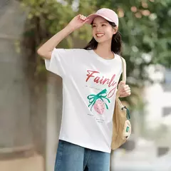 Semir-Camiseta de manga corta para mujer, Top de longitud media con hombros caídos, holgado e informal, con estampado de frutas y letras, novedad de verano 2024