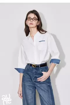Image of TOYOUTH informal-Blusa de manga larga para mujer, camisa con cuello vuelto, diseño de bolsillo, Color contrastante, otoño, 2024