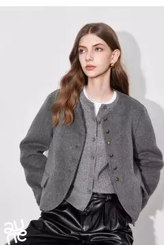 TOYOUTH-abrigo de lana para mujer, chaqueta de lana con botones y un solo pecho, manga larga, oveja, cuello redondo, color gris, otoño e invierno, 2024 - Eleganzie