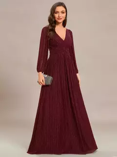 Imagen de Vestido de noche elegante Maxi largo con cuello en V y mangas largas Cintura alta 2025 Ever Pretty of Sparkle Vestido de dama de honor morado brillante