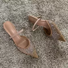 Image of Nuevas sandalias de verano para mujer, calzado de tacón alto de malla brillante con diamantes de imitación, zapatos de tacón elegantes con talón descubierto y puntiagudos para fiesta para mujer