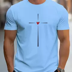 Camiseta holgada de verano 100% algodón con estampado gráfico de corazón de amor para hombre, camiseta deportiva informal ajustada con cuello redondo y manga corta - Eleganzie