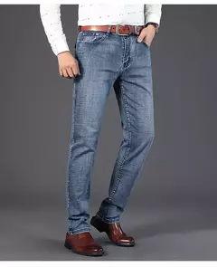 Pantalones vaqueros clásicos de moda de negocios para hombre, pantalones vaqueros informales rectos elásticos azules y negros para trabajo, ropa de marca para hombre - online store