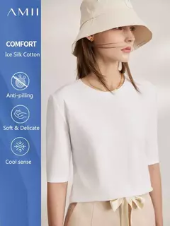 AMII minimalismo 2025 camisetas de verano para mujer nuevo algodón elástico media manga recta sólida básico Oficina señora Tops 12412016