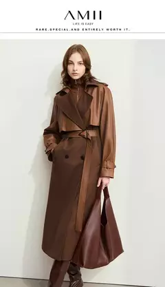 AMII gabardina minimalista para mujer 2024 Otoño Invierno nueva sarga empalmada de cuero PU prendas de vestir exteriores largas para ir al trabajo 12444001 on internet