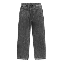 Image of Pantalones vaqueros elásticos de cintura elástica para hombre, ropa de calle suelta, longitud completa, pantalones vaqueros rectos de pierna ancha con cordón, azul oscuro