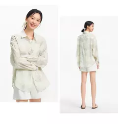 Semir camisa de manga larga para mujer de longitud media de gran tamaño ajuste relajado 2025 nueva camisa de verano con estampado completo de tinta para estilo moderno y artístico - comprar en línea