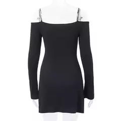 Mini vestidos negros sexys para mujer, ropa de calle con pliegues, mangas largas, cuello en V, informal, ajustado, elegante, Otoño, nuevo - Eleganzie