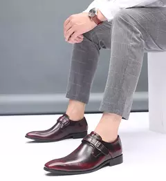 Zapatos de cuero británicos con punta estrecha para hombre, zapatos individuales de tacón bajo con hebilla, zapatos sin cordones de talla grande para hombre - comprar en línea