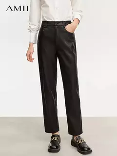 AMII-pantalones minimalistas hasta el tobillo para mujer, pantalón informal, de piel sintética, rectos, lisos, a la moda, para invierno, 2024 12344138