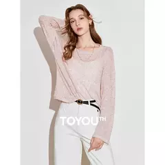 TOYOUTH-Camiseta de manga larga para mujer, Tops de punto con cuello redondo y manga larga romántica transparente, primavera 2025, 2025