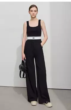 AMII-pantalones de pierna ancha minimalistas para mujer, pantalón largo negro, holgado, informal, versátil, con cintura elástica, primavera 2025 12521056