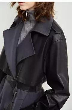 AMII gabardina minimalista para mujer 2024 Otoño Invierno nueva sarga empalmada de cuero PU prendas de vestir exteriores largas para ir al trabajo 12444001 - online store