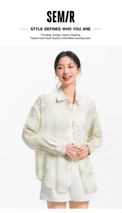 Semir camisa de manga larga para mujer de longitud media de gran tamaño ajuste relajado 2025 nueva camisa de verano con estampado completo de tinta para estilo moderno y artístico