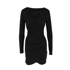 Mini vestidos negros sexys para mujer, ropa de calle con pliegues, mangas largas, cuello en V, informal, ajustado, elegante, Otoño, nuevo - comprar en línea