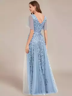 Vestido de noche elegante con escote en V profundo, mangas con volantes y mangas cortas, vestido de dama de honor con lentejuelas de gasa azul cielo 2025 - tienda en línea