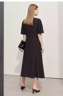 Amii-Vestidos minimalistas de verano para mujer, traje liso con cuello redondo, malla empalmada, manga larga con volantes, cintura francesa, 2024 - Eleganzie