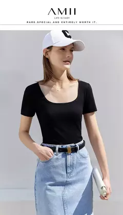 AMII-camisetas minimalistas para mujer, camisetas con cuello en U, cómodas, elásticas, ajustadas, versátiles, de manga corta, para verano 2024 12342288 on internet