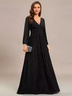 Vestido de noche elegante Maxi largo con cuello en V y mangas largas Cintura alta 2025 Ever Pretty of Sparkle Vestido de dama de honor morado brillante - Eleganzie