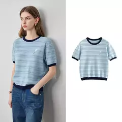 TOYOUTH-prendas de punto para mujer, Tops ahuecados con cuello redondo y contraste de Color, novedad de verano 2024 - comprar en línea