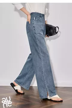 TOYOUTH Jeans de mezclilla para mujer 2025 primavera hechos a mano nuevos pantalones largos de pierna ancha rectos lavados azul claro - tienda en línea