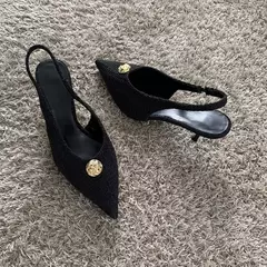 Zapatos de tacón alto negros a la moda para mujer, zapatos de tacón sexis con boca poco profunda y puntiaguda, zapatos de oficina con talón descubierto para primavera 2025 - Eleganzie