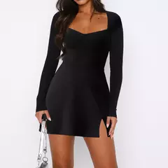 Imagen de Vestido elegante de manga larga acampanado para mujer, minivestido de cintura alta con cuello cuadrado de Color sólido para primavera y verano, ropa de calle para fiesta