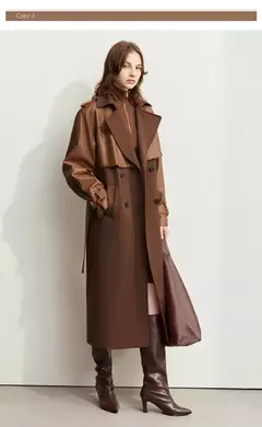 AMII gabardina minimalista para mujer 2024 Otoño Invierno nueva sarga empalmada de cuero PU prendas de vestir exteriores largas para ir al trabajo 12444001