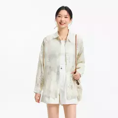 Imagen de Semir camisa de manga larga para mujer de longitud media de gran tamaño ajuste relajado 2025 nueva camisa de verano con estampado completo de tinta para estilo moderno y artístico