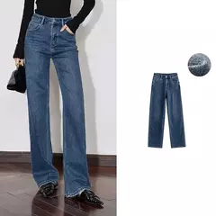 TOYOUTH, pantalones vaqueros de mezclilla de lana para mujer, Otoño Invierno 20224, nuevos pantalones largos cálidos gruesos de pierna ancha recta de cintura media - comprar en línea