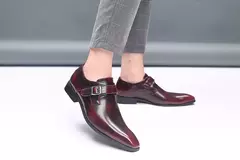 Imagen de Zapatos de cuero británicos con punta estrecha para hombre, zapatos individuales de tacón bajo con hebilla, zapatos sin cordones de talla grande para hombre