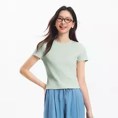 Semir-Camiseta de manga corta para mujer, Top recortado bordado ajustado informal, Top básico con cuello redondo y hombros descubiertos, novedad de verano 2025 on internet