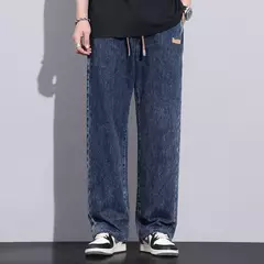 Pantalones vaqueros elásticos de cintura elástica para hombre, ropa de calle suelta, longitud completa, pantalones vaqueros rectos de pierna ancha con cordón, azul oscuro on internet