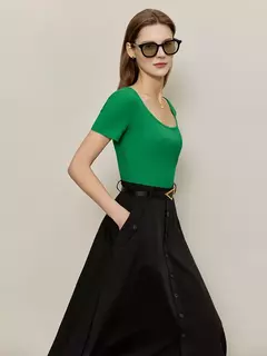 AMII-camisetas minimalistas para mujer, camisetas con cuello en U, cómodas, elásticas, ajustadas, versátiles, de manga corta, para verano 2024 12342288