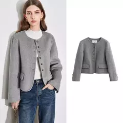 TOYOUTH-abrigo de lana para mujer, chaqueta de lana con botones y un solo pecho, manga larga, oveja, cuello redondo, color gris, otoño e invierno, 2024