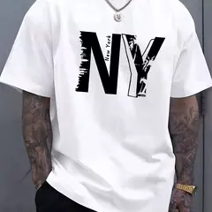Camiseta holgada informal de algodón puro 100% de verano para hombre de talla grande con estampado de letras NY, camiseta deportiva cómoda de manga corta con cuello redondo on internet